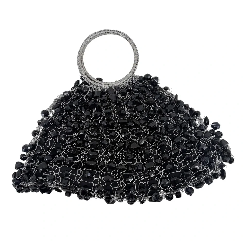La Chica Chic Black Beaded Wire Evening‎ Bag Silver Ring Handle Made in Brazil